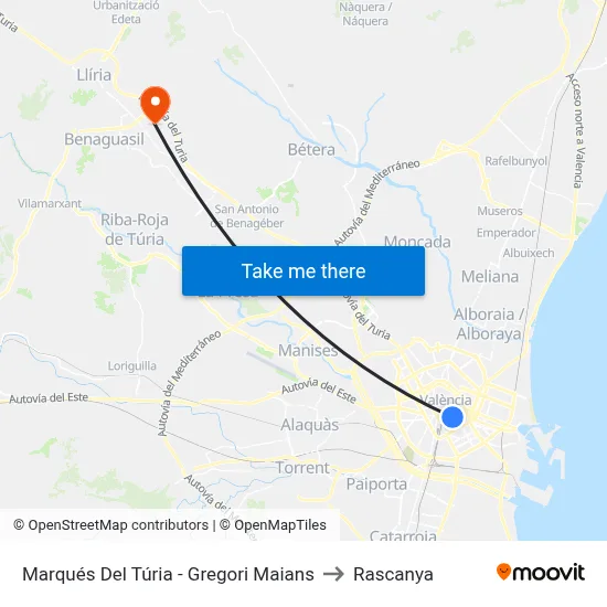 Marqués Del Túria - Gregori Maians to Rascanya map