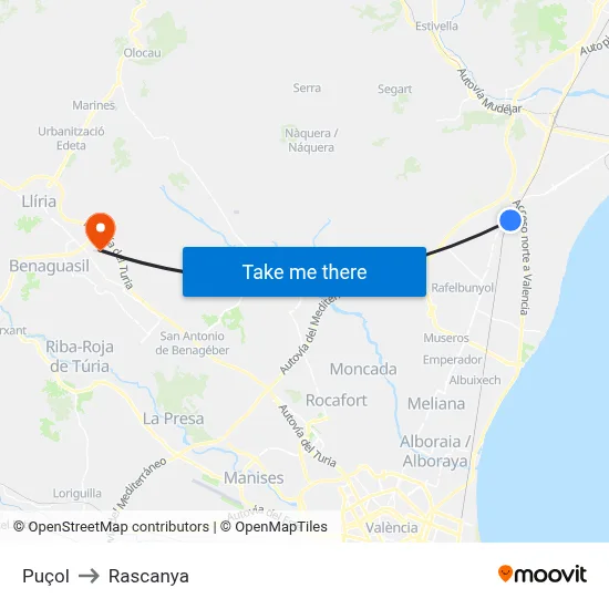 Puçol to Rascanya map