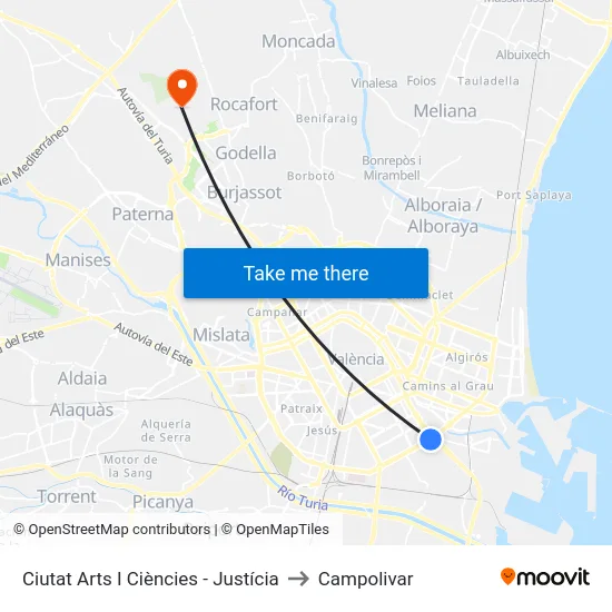 Ciutat Arts I Ciències - Justícia to Campolivar map