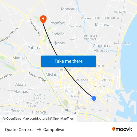 Quatre Carreres to Campolivar map