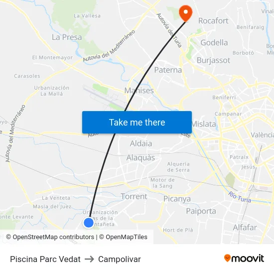Piscina Parc Vedat to Campolivar map