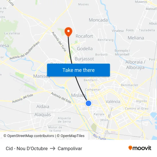 Cid - Nou D'Octubre to Campolivar map