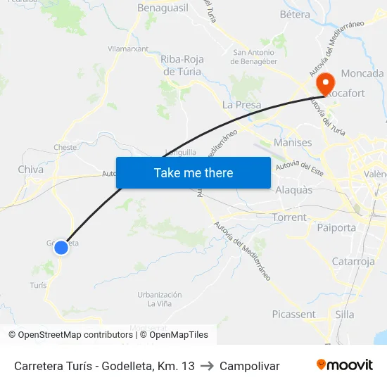 Carretera Turís - Godelleta, Km. 13 to Campolivar map