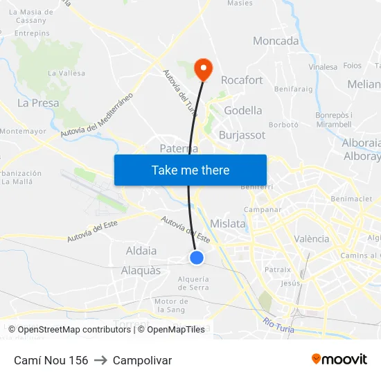 Camí Nou 156 to Campolivar map