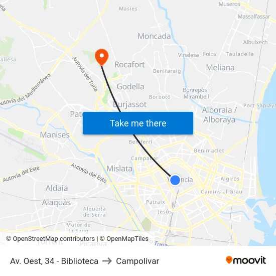 València. Avinguda De L'Oest - Hospital to Campolivar map