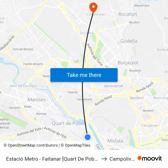 Estació Metro - Faitanar [Quart De Poblet] to Campolivar map