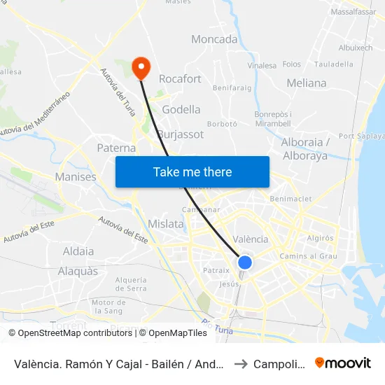 València. Ramón Y Cajal - Bailén / Andana 1 to Campolivar map