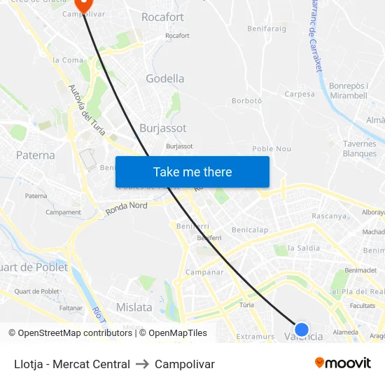 Llotja - Mercat Central to Campolivar map