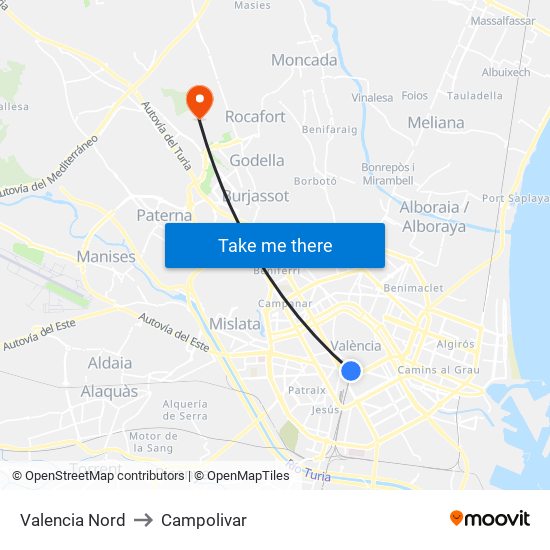 Valencia Nord to Campolivar map