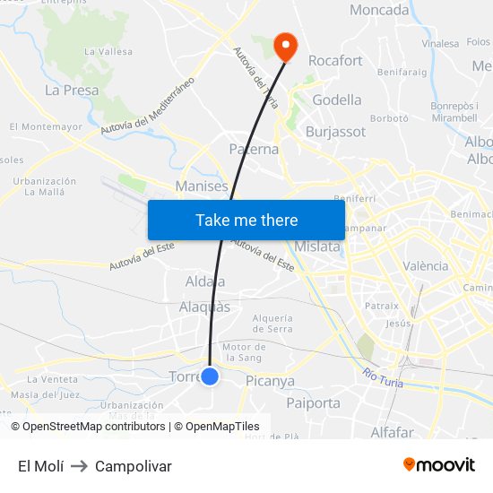 El Molí to Campolivar map