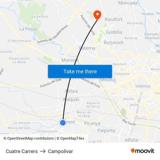 Cuatre Carrers to Campolivar map