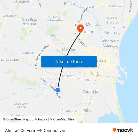 Almirall Cervera to Campolivar map
