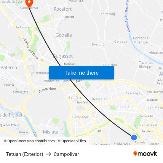 Tetuan (Exterior) to Campolivar map