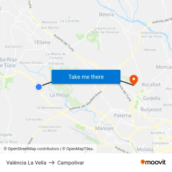 València La Vella to Campolivar map