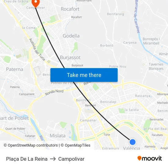 Plaça De La Reina to Campolivar map