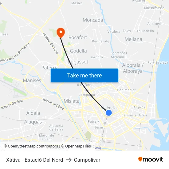 Xàtiva - Estació Del Nord to Campolivar map