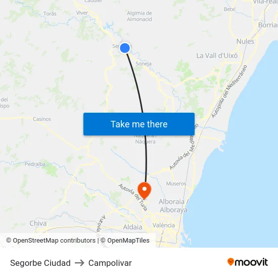 Segorbe Ciudad to Campolivar map