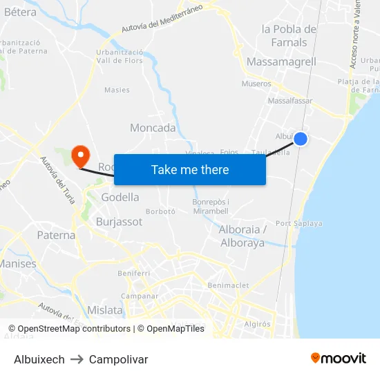 Albuixech to Campolivar map