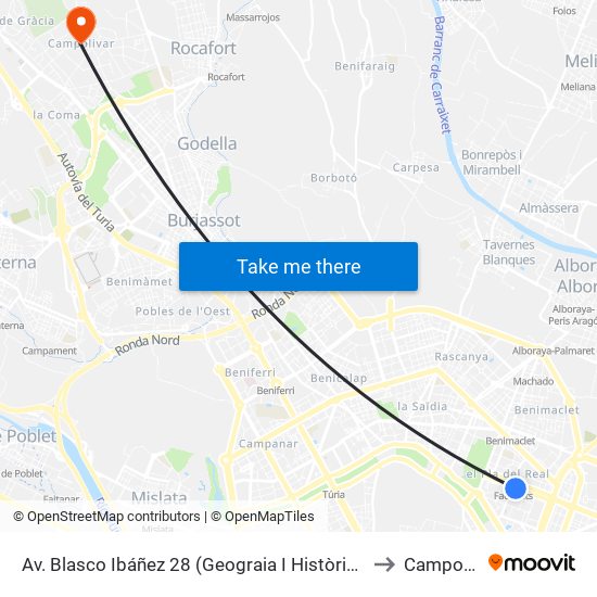 Av. Blasco Ibáñez 28 (Geograia I Història) [València] to Campolivar map