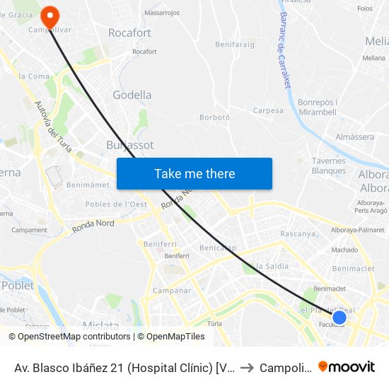 Av. Blasco Ibáñez 21  (Hospital Clínic) [València] to Campolivar map