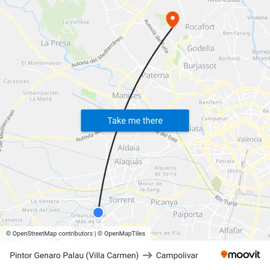 Pintor Genaro Palau (Villa Carmen) to Campolivar map