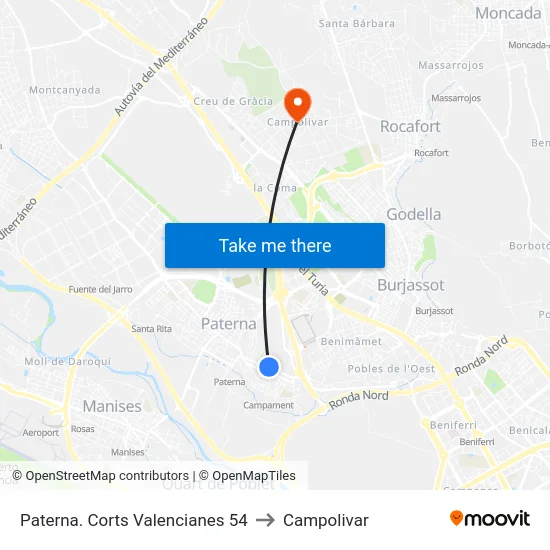 Paterna. Corts Valencianes 54 to Campolivar map