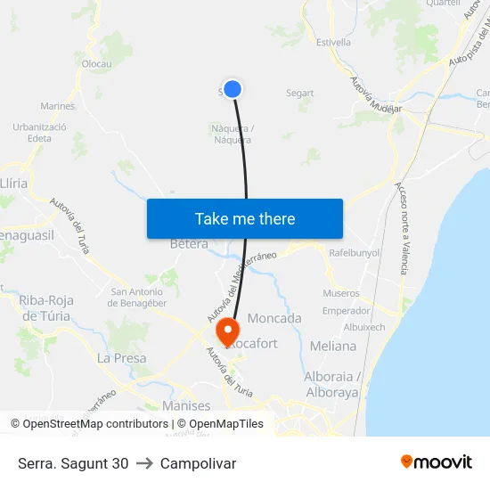 Serra. Sagunt 30 to Campolivar map