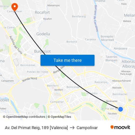 Av. Del Primat Reig, 189 [València] to Campolivar map