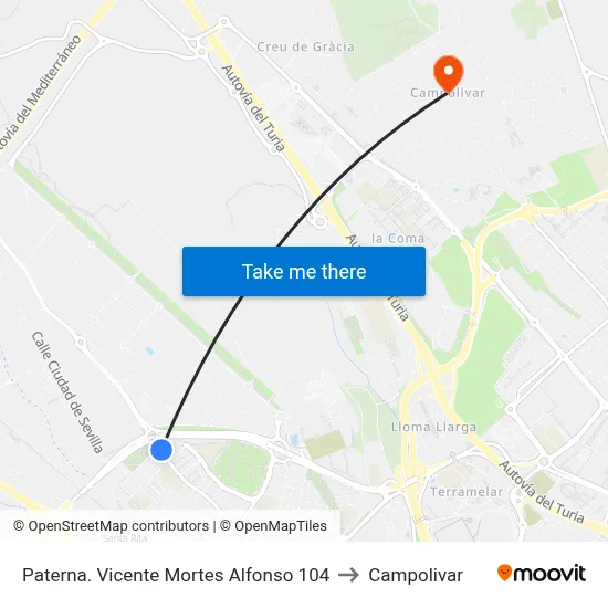 Paterna. Vicente Mortes Alfonso 104 to Campolivar map