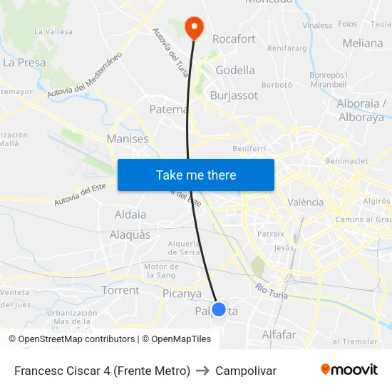 Francesc Ciscar 4 (Frente Metro) to Campolivar map