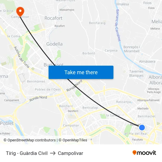 Tírig - Guàrdia Civil to Campolivar map
