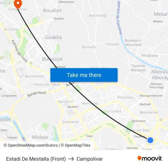 Estadi De Mestalla (Front) to Campolivar map