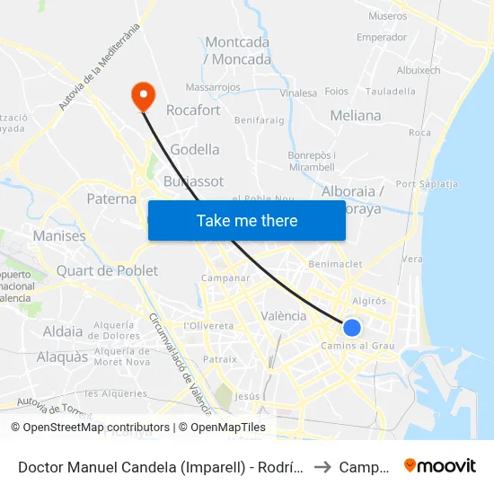 Doctor Manuel Candela (Imparell) - Rodríguez De Cepeda to Campolivar map