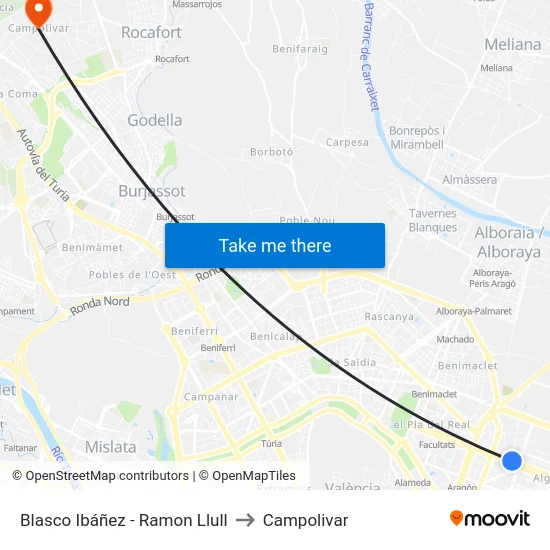 Blasco Ibáñez - Ramon Llull to Campolivar map