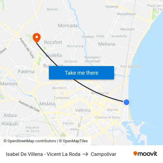 Isabel De Villena - Vicent La Roda to Campolivar map