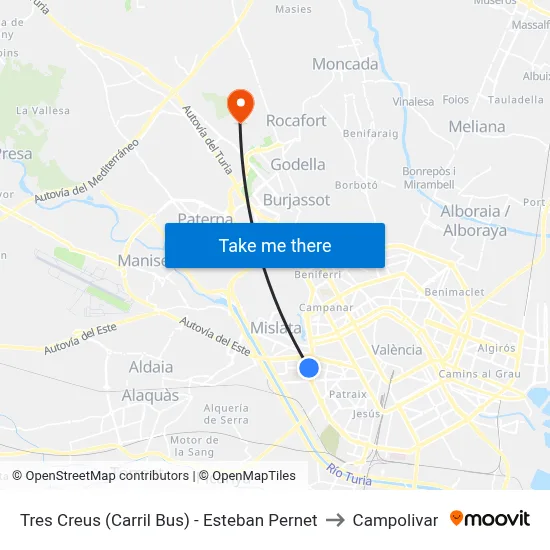 Tres Creus (Carril Bus) - Esteban Pernet to Campolivar map