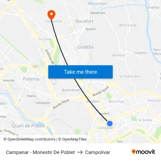 Campanar - Monestir De Poblet to Campolivar map