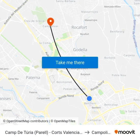 Camp De Túria (Parell) - Corts Valencianes to Campolivar map