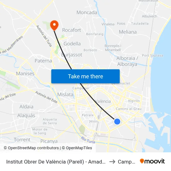 Institut Obrer De València (Parell) - Amado Granell Mesado to Campolivar map
