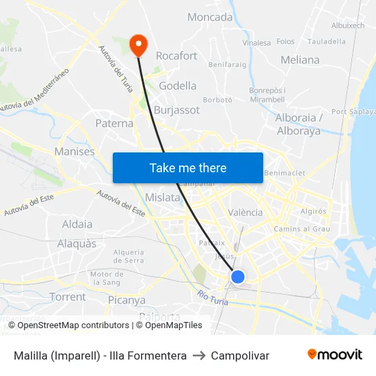 Malilla (Imparell) - Illa Formentera to Campolivar map