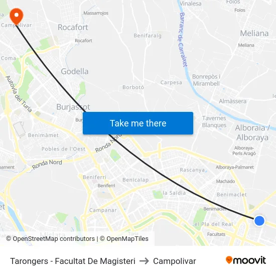 Tarongers - Facultat De Magisteri to Campolivar map