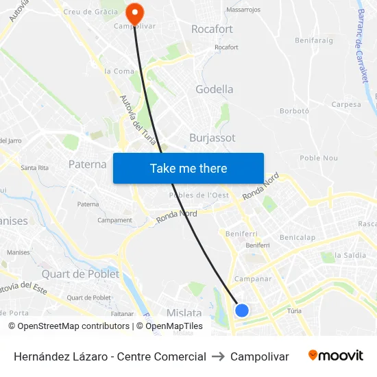 Hernández Lázaro - Centre Comercial to Campolivar map