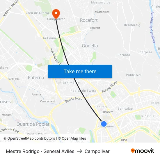 Mestre Rodrigo - General Avilés to Campolivar map