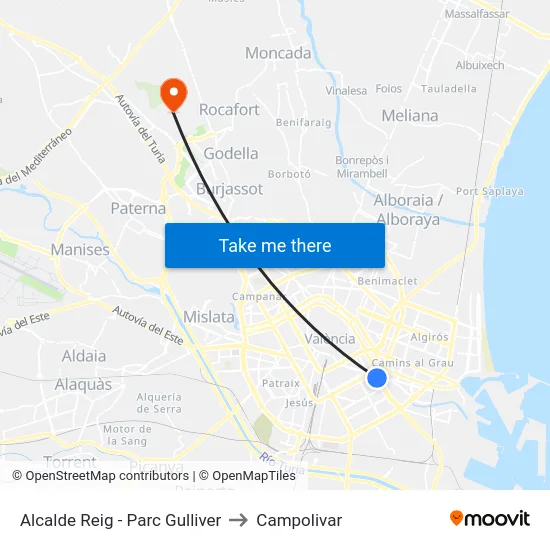 Alcalde Reig - Parc Gulliver to Campolivar map