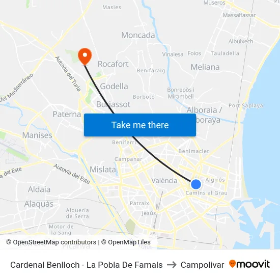 Cardenal Benlloch - La Pobla De Farnals to Campolivar map