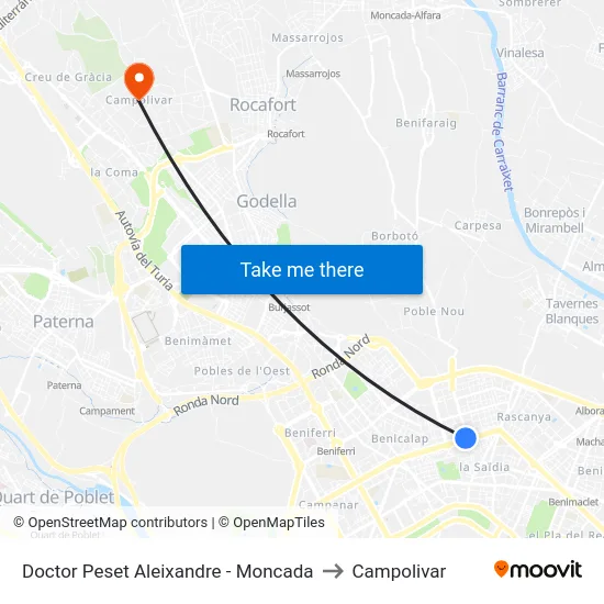 Doctor Peset Aleixandre - Moncada to Campolivar map