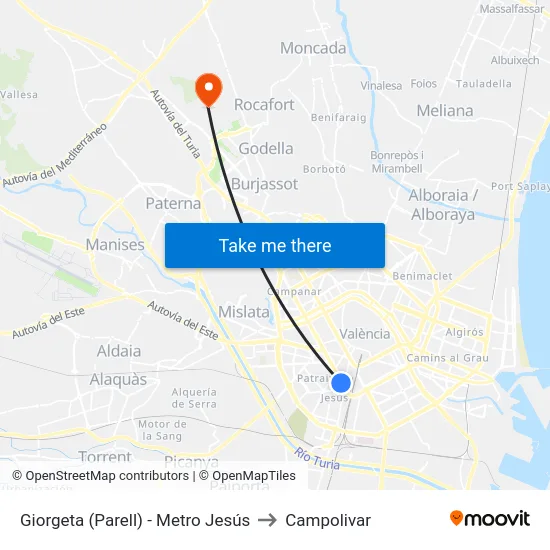 Giorgeta (Parell) - Metro Jesús to Campolivar map