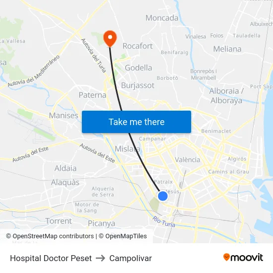 Hospital Doctor Peset to Campolivar map