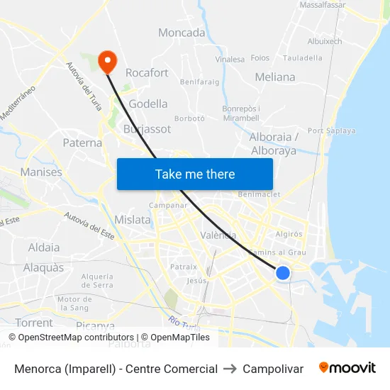 Menorca (Imparell) - Centre Comercial to Campolivar map