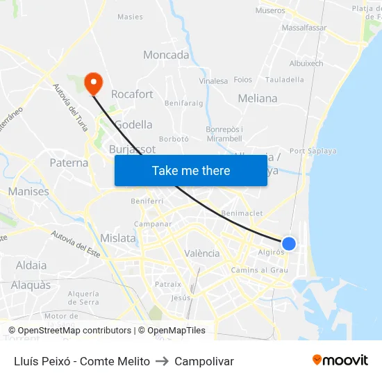 Lluís Peixó - Comte Melito to Campolivar map